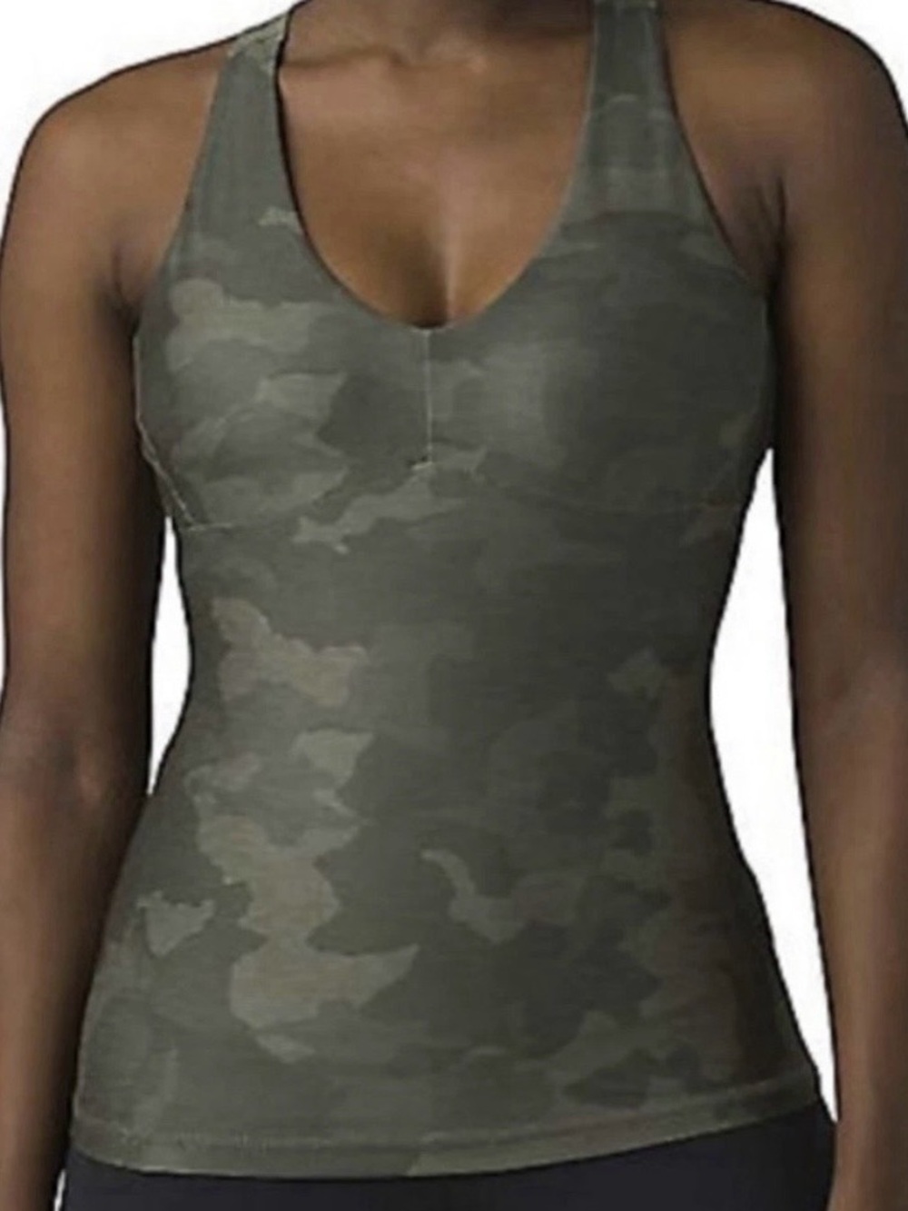 Prana Women’s Green Camo V Neck Yoga Tank Top Built In Shelf Bra Size Small